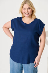 Navy Linen Blend Top